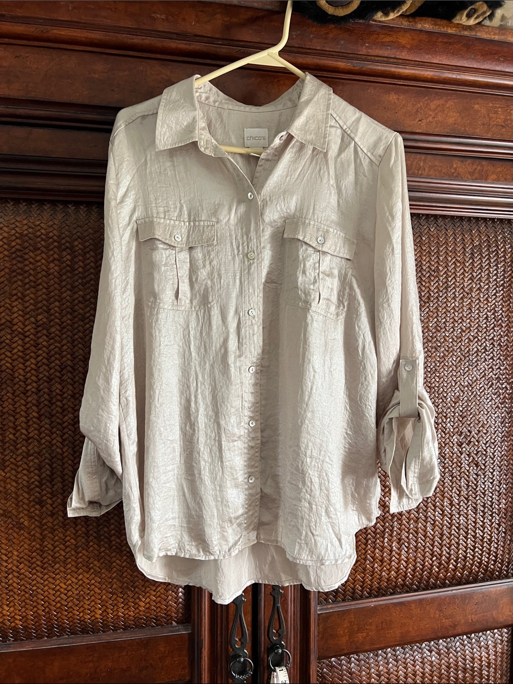 Chico's Light Taupe Button-Front Utility Shirt